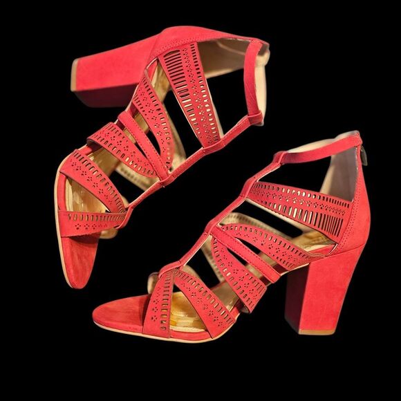 Vince Camuto Red Rose Strappy Suede Block Heels - Picture 1 of 9